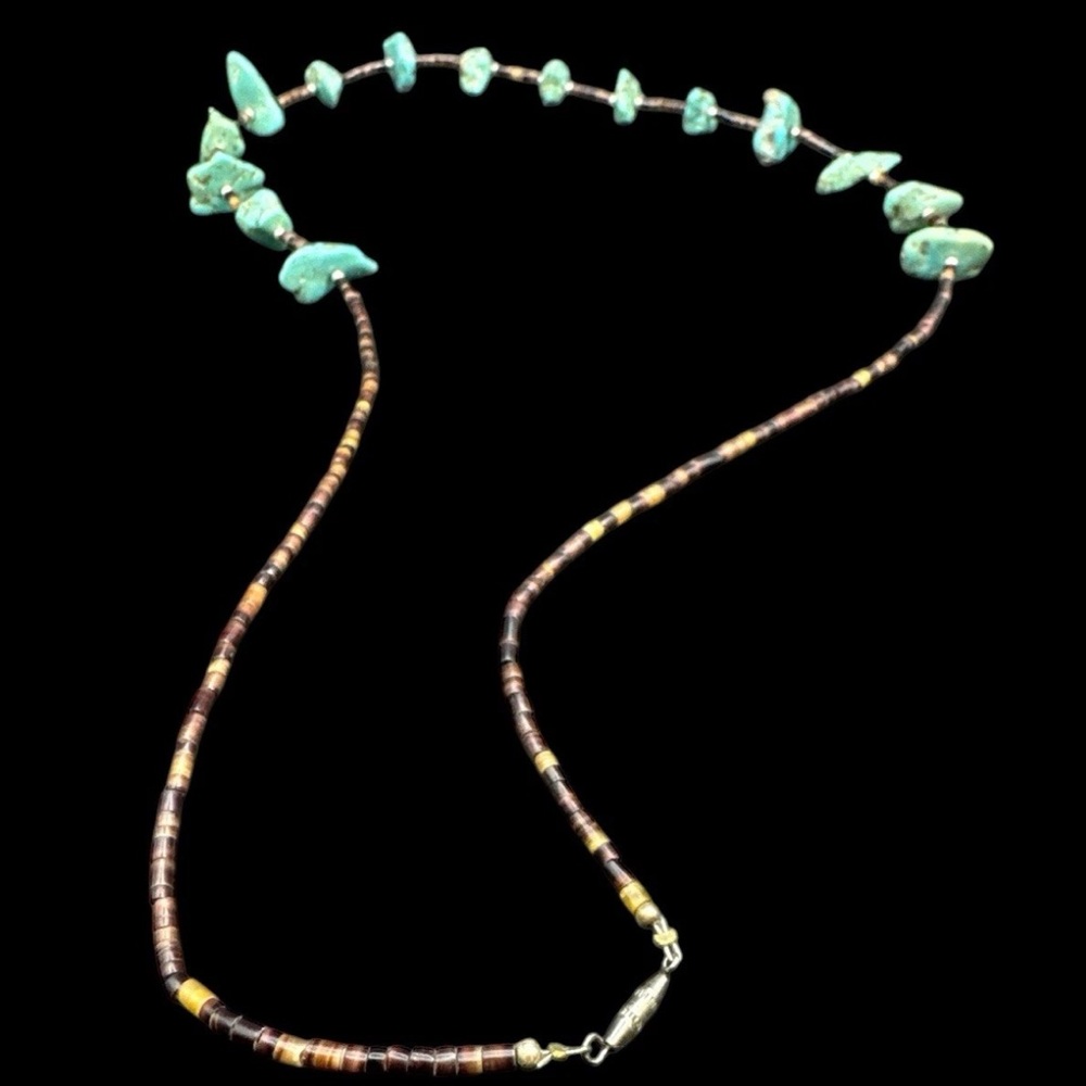 Vintage Santo Domingo Style Heishi Turquoise Olive Shell Necklace 31” - Picture 5 of 5